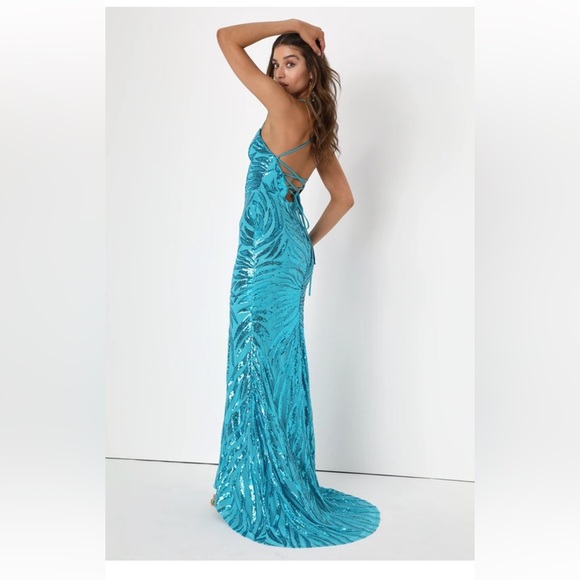 LULUS PROM DRESS - Sparkle 'til Dawn Teal Blue Sequin Lace-Up Mermaid Maxi Dress - Picture 2 of 11